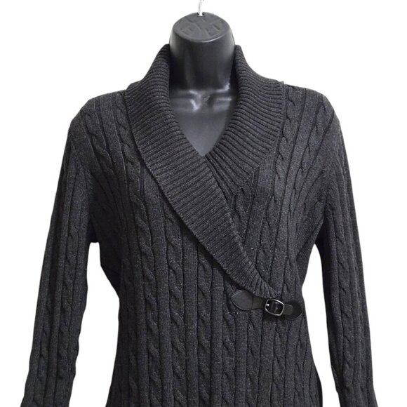 Calvin Klein Gray Faux Wrap Shawl Collar Cable Knit Sweater Dress Sz M - Picture 3 of 8